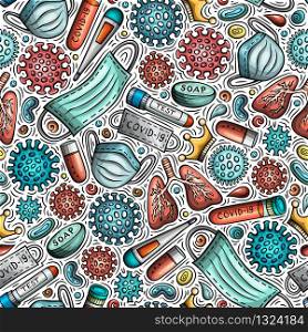 Viruses hand drawn doodles seamless pattern. Coronavirus background. Cartoon print design. Colorful vector illustrations. Viruses hand drawn doodles seamless pattern. Coronavirus background.