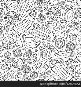 Viruses hand drawn doodles seamless pattern. Coronavirus background. Cartoon print design. Sketchy vector illustrations. Viruses hand drawn doodles seamless pattern. Coronavirus background.