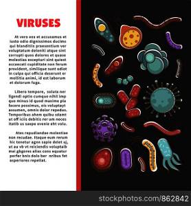 Viruses informative scientific poster with simple micro organisms. Dangerous particles that cause illnesses in living bodies isolated cartoon vector illustrations on black background and sample text.. Viruses informative scientific poster with simple micro organisms