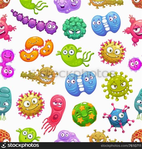 Viruses seamless pattern background with vector bacteria and germ characters. Cute microbe cell monsters of coronavirus, flu and influenza, adenovirus, rotavirus and papillomavirus, pathogens backdrop. Viruses seamless pattern with bacterias and germs