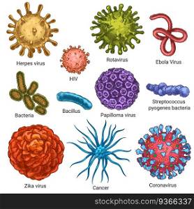 Viruses. Sketch color herpes, hiv and papilloma, zika and coronavirus. Cancer, streptococcus cells. Germs and bacteria isolated vector set. Illustration coronavirus disease, bacteria infection. Viruses. Sketch color herpes, hiv and papilloma, zika and coronavirus. Cancer, streptococcus cells. Germs and bacteria isolated vector set