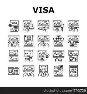 Visa For Traveling Collection Icons Set Vector. Business And Transit Visa, Permitting Document For Business Trip And Vacation, Political And Marriage Black Contour Illustrations. Visa For Traveling Collection Icons Set Vector