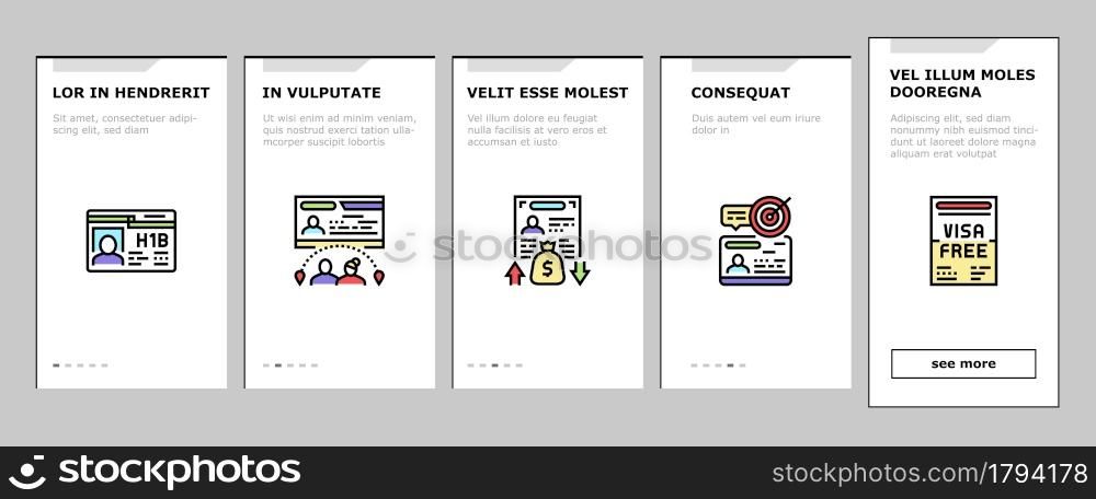 Visa For Traveling Onboarding Mobile App Page Screen Vector. Business And Transit Visa, Permitting Document For Business Trip And Vacation, Political And Marriage Illustrations. Visa For Traveling Onboarding Icons Set Vector