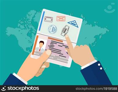Visa of woman. HAnds holding document with photo and data. Vector illustration in flat style. Visa of woman.