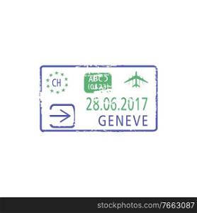Visa st&, arrival to Geneva airport isolated seal template. Vector travel to Switzerland sign. Arrival to Geneva airport isolated visa st&