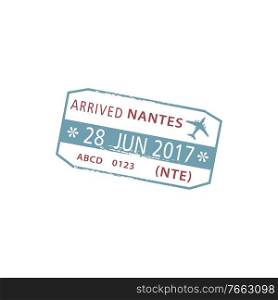 Visa st&arrived to Nantes Atlantique Airport NTE isolated. Vector immigration seal, arrival st&. France Nantes airport arrival visa st&isolated