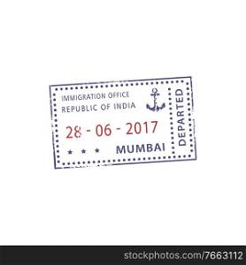 Visa st&of immigration office Republic of India Mumbai isolated. Vector departed sign, marine port anchor. Marine visa st&, Mumbai Republic of India depart