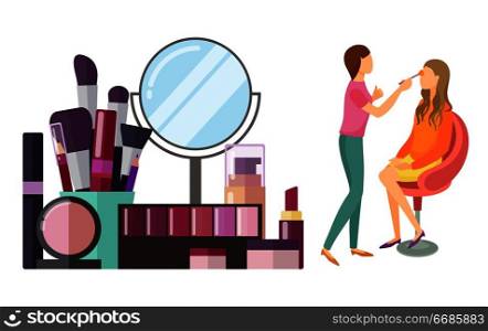 Visage makeup visagiste professional isolated icons vector. Mirror and brushes, foundation and lotions, palette of eyeshadow and lipstick for client. Visage Makeup Visagiste Professional Icon Vector