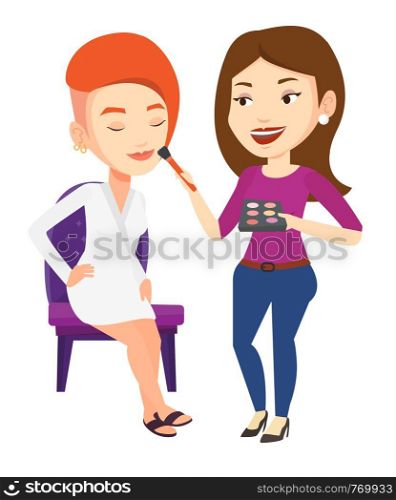 Visagiste applying makeup on woman face. Visagiste doing makeup to young stylish woman. Visagiste doing makeup to a model using a brush. Vector flat design illustration isolated on white background.. Visagiste doing makeup to young stylish girl.
