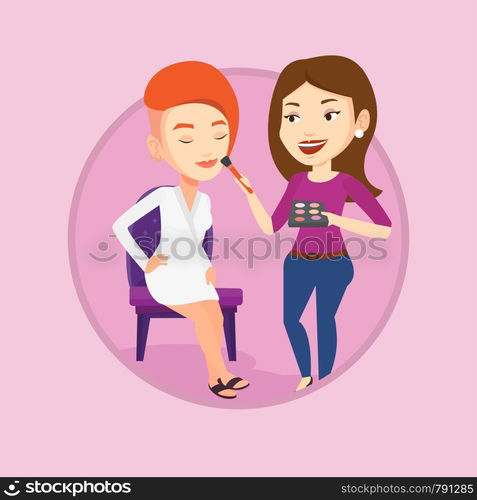 Visagiste applying makeup with a brush on woman face. Visagiste doing makeup to young woman. Visagiste doing makeup to a model. Vector flat design illustration in the circle isolated on background.. Visagiste doing makeup to young stylish girl.