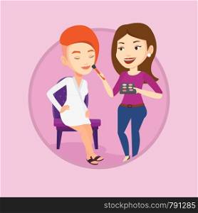 Visagiste applying makeup with a brush on woman face. Visagiste doing makeup to young woman. Visagiste doing makeup to a model. Vector flat design illustration in the circle isolated on background.. Visagiste doing makeup to young stylish girl.