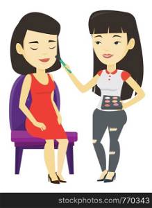 Visagiste doing makeup to asian woman. Visagiste applying makeup with a brush on woman face. Visagiste doing makeup to model using a brush. Vector flat design illustration isolated on white background. Visagiste doing makeup to young stylish girl.