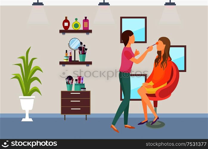 Visagiste makeup process of making visage in beauty salon vector. Shelves with mirror, perfumes and lotions, brushes and shadows set. Plant decoration. Visagiste Makeup Process of Making Visage Vector