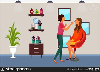 Visagiste makeup process of making visage in beauty salon vector. Shelves with mirror, perfumes and lotions, brushes and shadows set. Plant decoration. Visagiste Makeup Process of Making Visage Vector