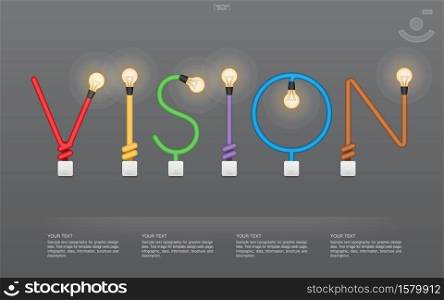 ""VISION" Abstract linear alphabet of light bulb and light switch on gray background. Lamp and switch with area for infographic and text. Vector illustration."