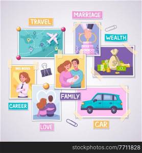 Vision board planner cartoon concept with wealth and travel symbols vector illustration. Vision Board Planner Concept