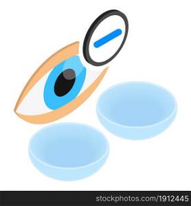 Vision care icon isometric vector. Open human eye, contact lenses and minus sign. Eye health, myopia, ophthalmology concept. Vision care icon isometric vector. Open human eye contact lenses and minus sign
