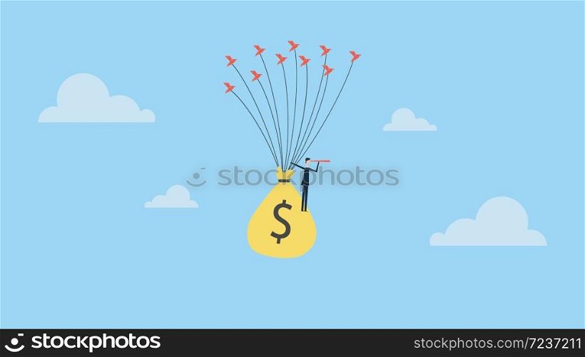 Vision concept. businessman stand on money using telescope looking for investment, success, opportunities, future business trends