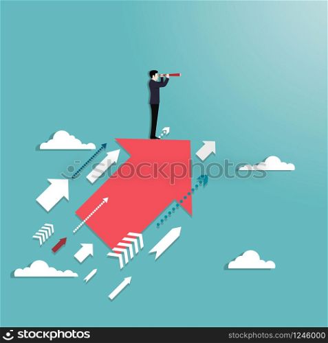 Vision concept, Searching for opportunities, Businessman standing on arrow with telescope, Symbol of leadership, Achievement, Eps.10 vector illustration