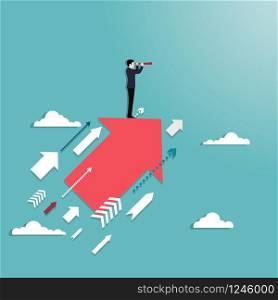Vision concept, Searching for opportunities, Businessman standing on arrow with telescope, Symbol of leadership, Achievement, Eps.10 vector illustration