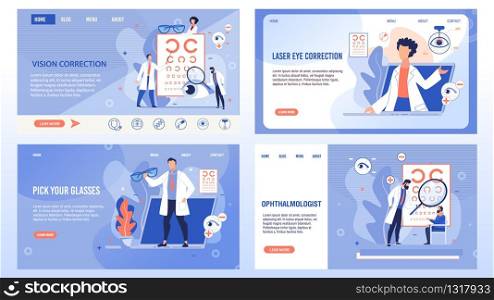 Vision Correction, Laser Operation Surgery Technology, Spectacles Selection and Optical Eyes Test Procedure. Ophthalmologist and Patients. Trendy Flat Landing Page Set. Vector Illustration. Ophthalmology Medicine Service Landing Page Set