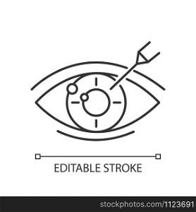 Vision correction linear icon. Medical procedure. Astigmatism. Ophthalmology. Laser operation. Eye disorder. Thin line illustration. Contour symbol. Vector isolated outline drawing. Editable stroke
