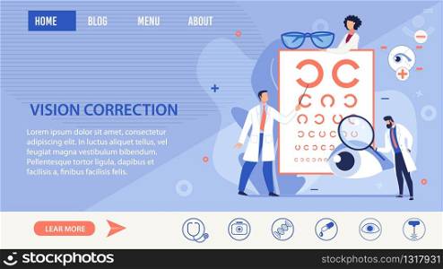 Vision Correction Methods Selection Trendy Flat Informational Landing Page. Refractionists and Ophthalmologists Conducting Modern Optical Eyes Tests, Special Glasses. Vector Cartoon Illustration. Vision Correction Methods Selection Landing Page
