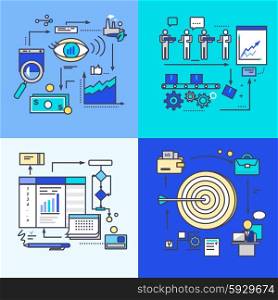 Vision development, progress and workflow goal. Business strategy, process management and develop, efficiency analysis control, organization growth professional company. Set of thin, lines flat icons