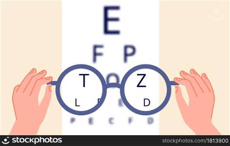 Vision health. Eye ophthalmologist test, glasses check up. Optometry testing board or blurred eyesight and optical focus vector illustration. Human vision, ophthalmologist examination and treatment. Vision health. Eye ophthalmologist test, glasses check up. Optometry testing board or blurred eyesight and optical focus vector illustration