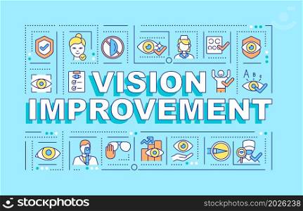 Vision improvement word concepts banner. Advantages of laser eye surgery. Infographics with linear icons on blue background. Isolated creative typography. Vector outline color illustration with text. Vision improvement word concepts banner