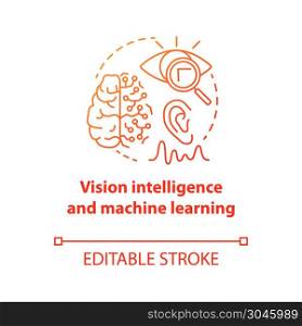 Vision intelligence and machine learning red concept icon. Smart computer system idea thin line illustration. Robotics knowledge. Thinking, analysing. Vector isolated outline drawing. Editable stroke