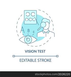 Vision test blue concept icon. Patient vision examination. Numerous medical tests before eye surgery abstract idea thin line illustration. Vector isolated outline color drawing. Editable stroke. Vision test blue concept icon