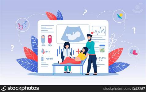 Visit Doctor, Pregnant Woman. Web, Landing Page. Website, Banner Vector Flat Style. Pregnant Woman, Man Visiting Gynecologist. Smiling Doctor Doing Ultrasonography Procedure, Baby Monitoring. Visit Doctor, Pregnant Woman. Web, Landing Page
