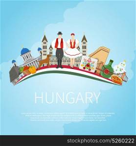 Visit Hungary Cloud Concept. Hungary travel concept with flat composition of traditional folk art architecture buildings and editable text field vector illustration