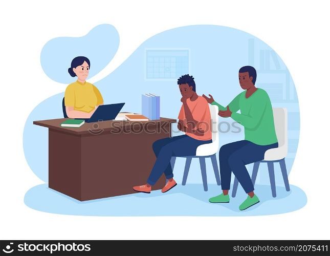Visit to principal office in school 2D vector isolated illustration. Schoolboy with father talking with head teacher flat characters on cartoon background. School expulsion risk colourful scene. Visit to principal office in school 2D vector isolated illustration