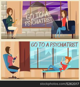 Visit To Psychiatrist Flat Banners. Horizontal flat banners with visit to psychiatrist including specialist and girl patient on couch isolated vector illustration