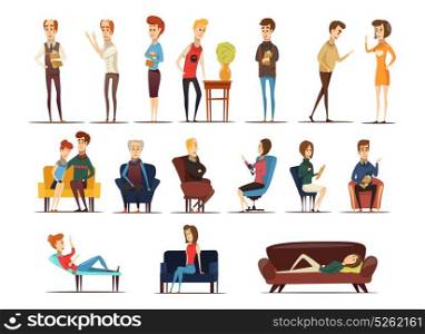 Visit To Psychologist Set. Visit to psychologist set of specialists and persons needing in advice including family couple isolated vector illustration