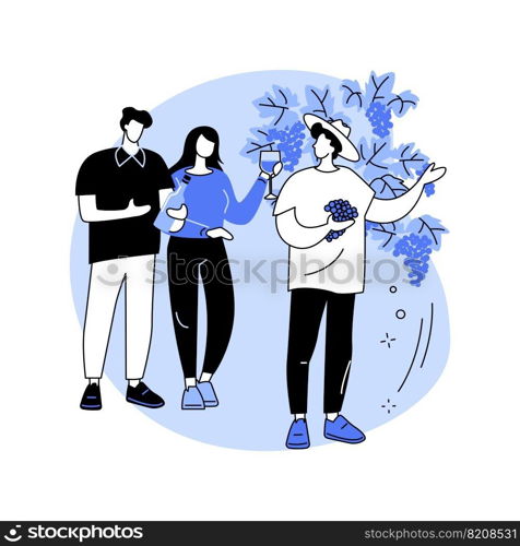 Visit vineyard isolated cartoon vector illustrations. Group of people with farmer at vineyard, holding grapes in hands, traveling time, summer vacation, wine concept tour vector cartoon.. Visit vineyard isolated cartoon vector illustrations.