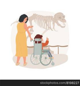 Visiting a museum isolated cartoon vector illustration. Social skills development activity, inclusive daycare center, kid on a wheelchair, visiting interactive museum, education vector cartoon.. Visiting a museum isolated cartoon vector illustration.