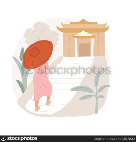 Visiting a temple isolated cartoon vector illustration Buddhist tourist with umbrella visiting a holy place, temple attending, religious pilgrimage, spiritual practices vector cartoon.. Visiting a temple isolated cartoon vector illustration