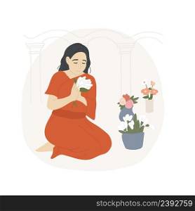 Visiting a temple isolated cartoon vector illustration Young Buddhist woman attending temple alone, traditional pilgrimage, religious festivals, holy days, spirituality, belief vector cartoon.. Visiting a temple isolated cartoon vector illustration