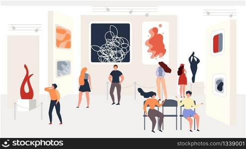 Visiting Abstract Modern Art Exhibition at Gallery. One Guy and Six Young Girls Watch Exhibited Paintings and Sculptures Gallery Modern Abstract Art. Colored Vector flat illustration. Visiting Modern Abstract Art Exhibition at Gallery
