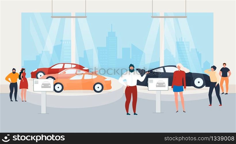 Visiting Auto Show, Presentation in Car ?enter. Manager, Salesman Represent New Car Models, Visitors, Customers Watching in Distribution Showroom. Vector illustration in Flat Cartoon Style. Visiting Auto Show, Presentation in Car ?enter