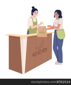 Visiting eco shop semi flat color vector characters. Editable figures. Full body people on white. Simple cartoon style illustrations for web graphic design and animation. Nerko One Regular font used. Visiting eco shop semi flat color vector characters