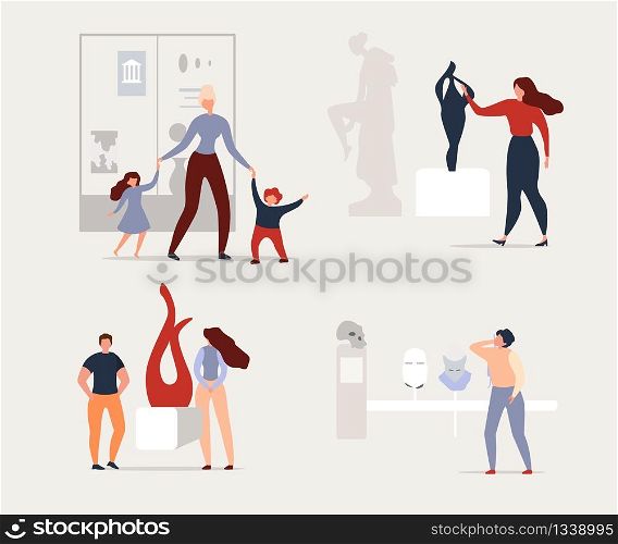 Visiting Exhibitions Modern Art Gallery or Museum. Men, Women and Children Visiting Modern Art Gallery or Museum, Viewing Exhibition, Sculptures. Vector Illustration in Flat Simple Style. Visiting Exhibitions Modern Art Gallery or Museum