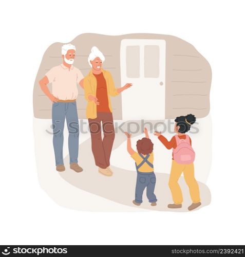Visiting grandparents isolated cartoon vector illustration. Grandpa opening the door, grandma standing with open arms, kids run towards grandparents, family visiting relatives vector cartoon.. Visiting grandparents isolated cartoon vector illustration.