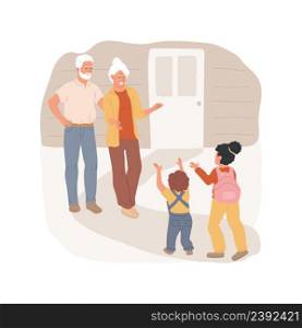 Visiting grandparents isolated cartoon vector illustration. Grandpa opening the door, grandma standing with open arms, kids run towards grandparents, family visiting relatives vector cartoon.. Visiting grandparents isolated cartoon vector illustration.