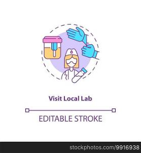 Visiting local lab concept icon. Lab test ordering step idea thin line illustration. Checking blood, urine s&le and body tissues. Vector isolated outline RGB color drawing. Editable stroke. Visiting local lab concept icon
