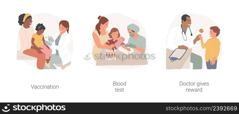 Visiting pediatrician isolated cartoon vector illustration set. Doctor making injection, child immunization schedule, nurse taking blood, kid crying, pediatrician gives reward vector cartoon.. Visiting pediatrician isolated cartoon vector illustration set.