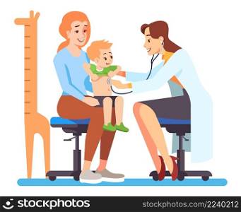 Visiting pediatrician semi flat RGB color vector illustration. Mother with toddler and female doctor isolated cartoon characters on white background. Visiting pediatrician semi flat RGB color vector illustration